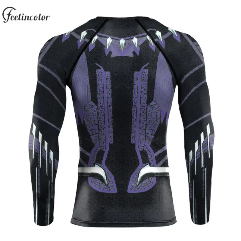 Superhero Cosplay Compression Shirt for Men Panther Printed Halloween Tops Gym Sport Breathable T-Shirt Long Sleeve Male Clothes