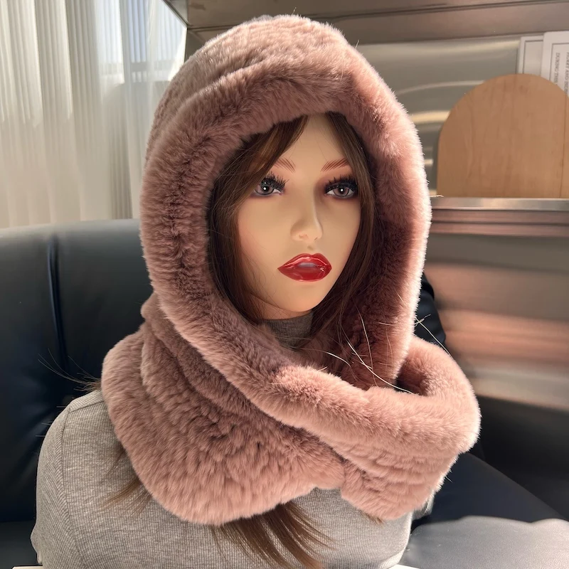 Winter Real Rex Rabbit Fur Woven Scarf Hat Outdoor Thickened Ear Protection Hat For Women Fashion Knitted Fur Hooded Scarves