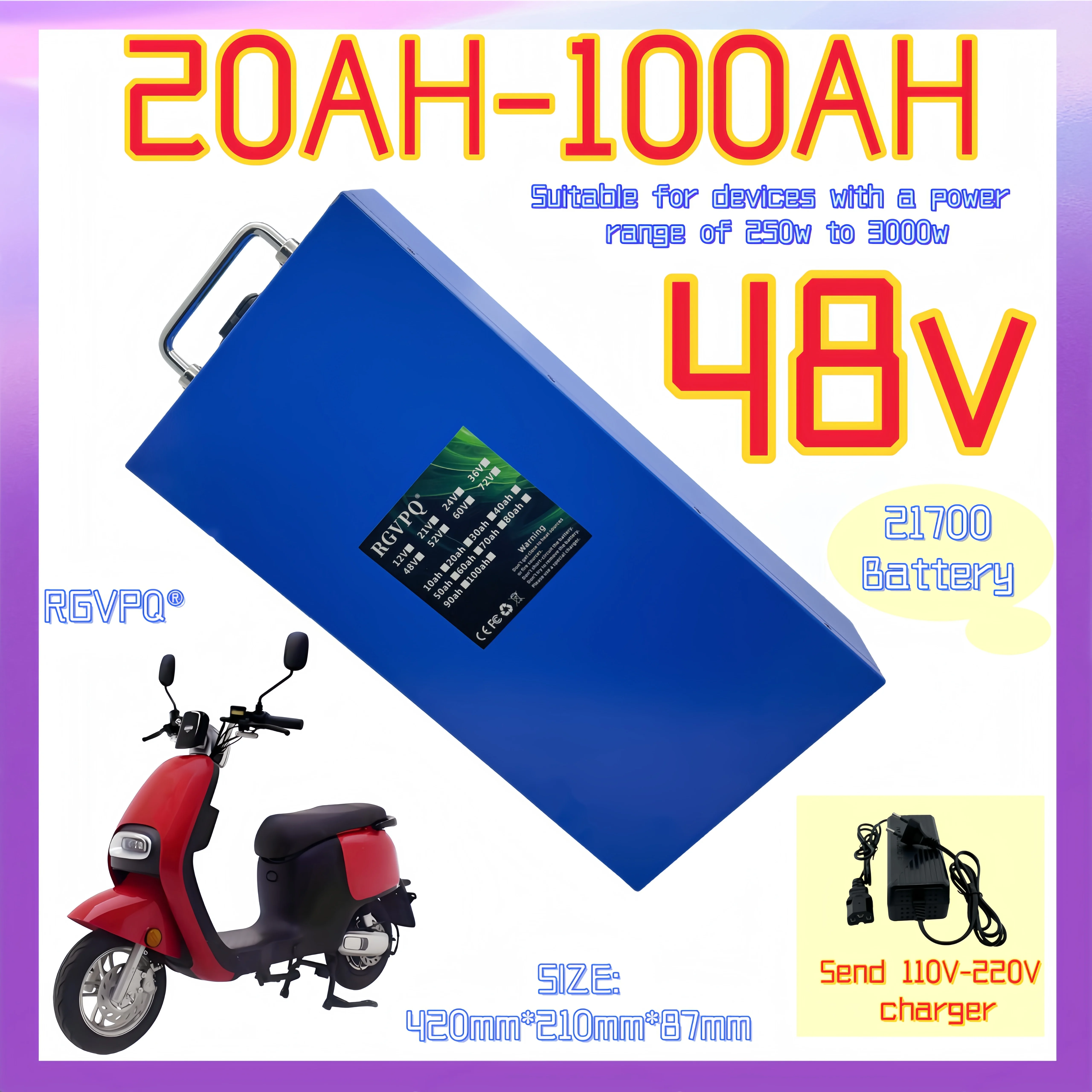 

48V 20AH-100AH 21700 lithium battery pack with large capacity suitable for 48V 250-3000W built-in BMS+54.6V charger EU/USA