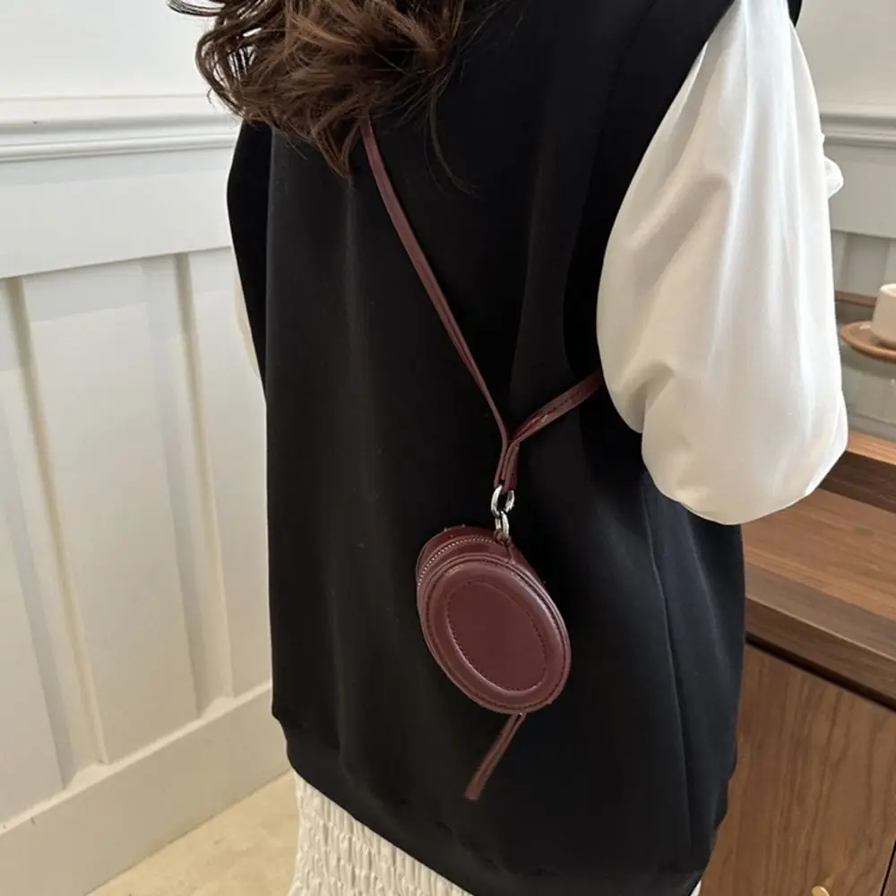 Elegant PU Leather Hanging Neck Coin Purse Oval Round Lanyard Wallet Lipstick Key Storage Purse Earphone Bag Streetwear
