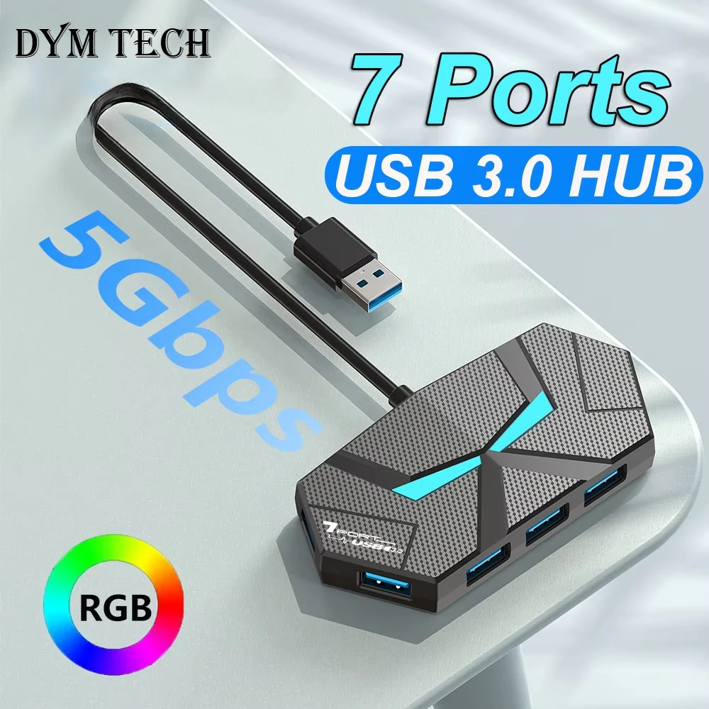 

7 портов USB 3.0 HUB Type C Док-станция 5 Гбит/с Высокоскоростной адаптер-сплиттер для ноутбука Жесткий диск Мышь Клавиатура