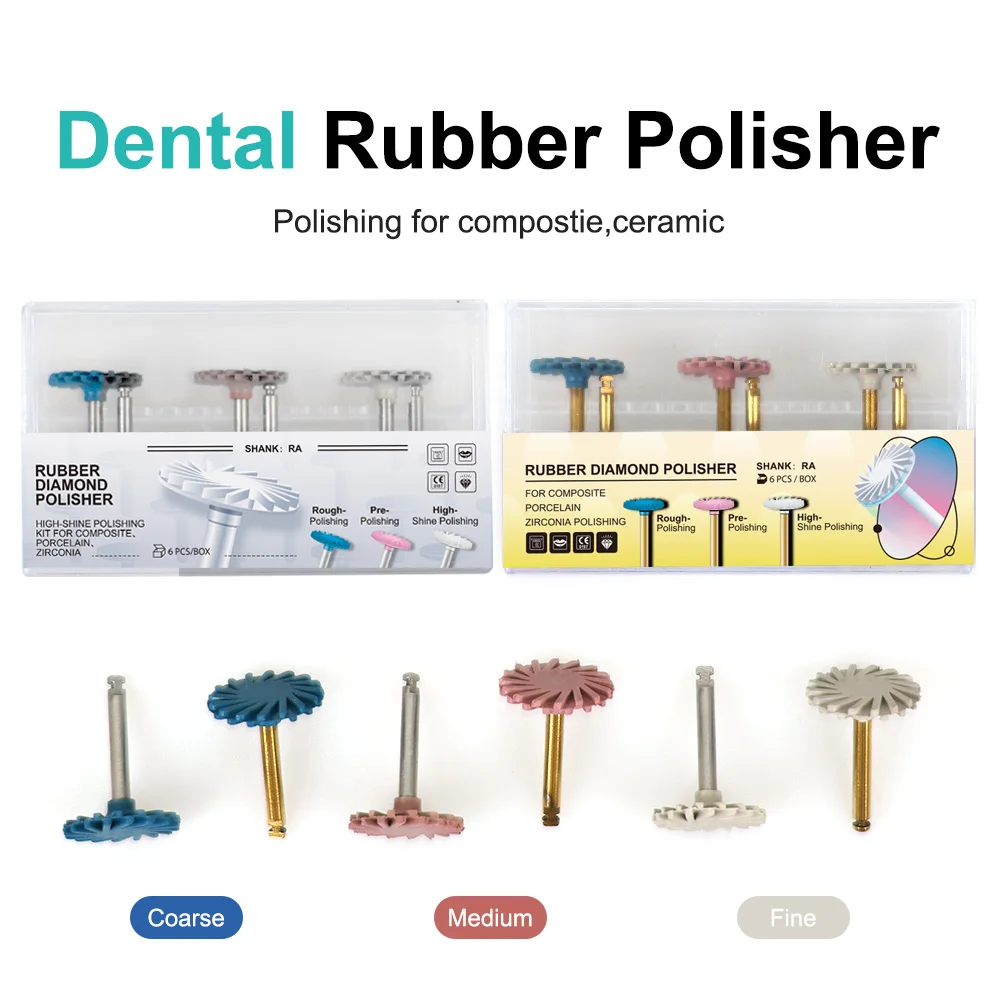 6Pcs/Set Dental Rubber Polisher Composite Resin Diamond System RA Polishing Disc Wheel Kit 14mm Spiral Flex Golden Silver Tool