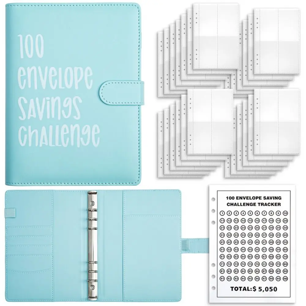 Colorful 100 Envelope Challenge Notebook Loose-leaf PU Leather 100 Day Challenge Budget Binder Cash Budget Magnetic Clasp