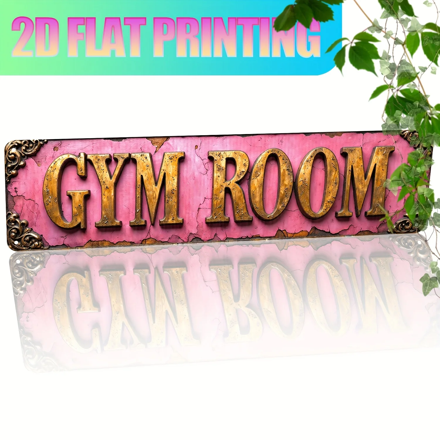 2D Flat - Vintage "GYM ROOM" Letrero de pared de aluminio con impresión plana 2D - Rosa con texto dorado, decoración de pared rústica para el hogar, el baño,