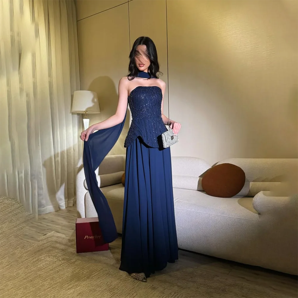 

Navy Long Prom Dress Customized Sequined Jersey Strapless Evening Gowns with Scarf Pleated Chiffon A Line Formal Party Dresses