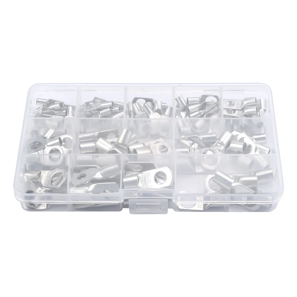 60PCS Ring Terminal Cable Shoes Lugs Tinned Copper Lug Wire eye Connectors Bare 60pcs Terminals Lugs Wire Copper Kits