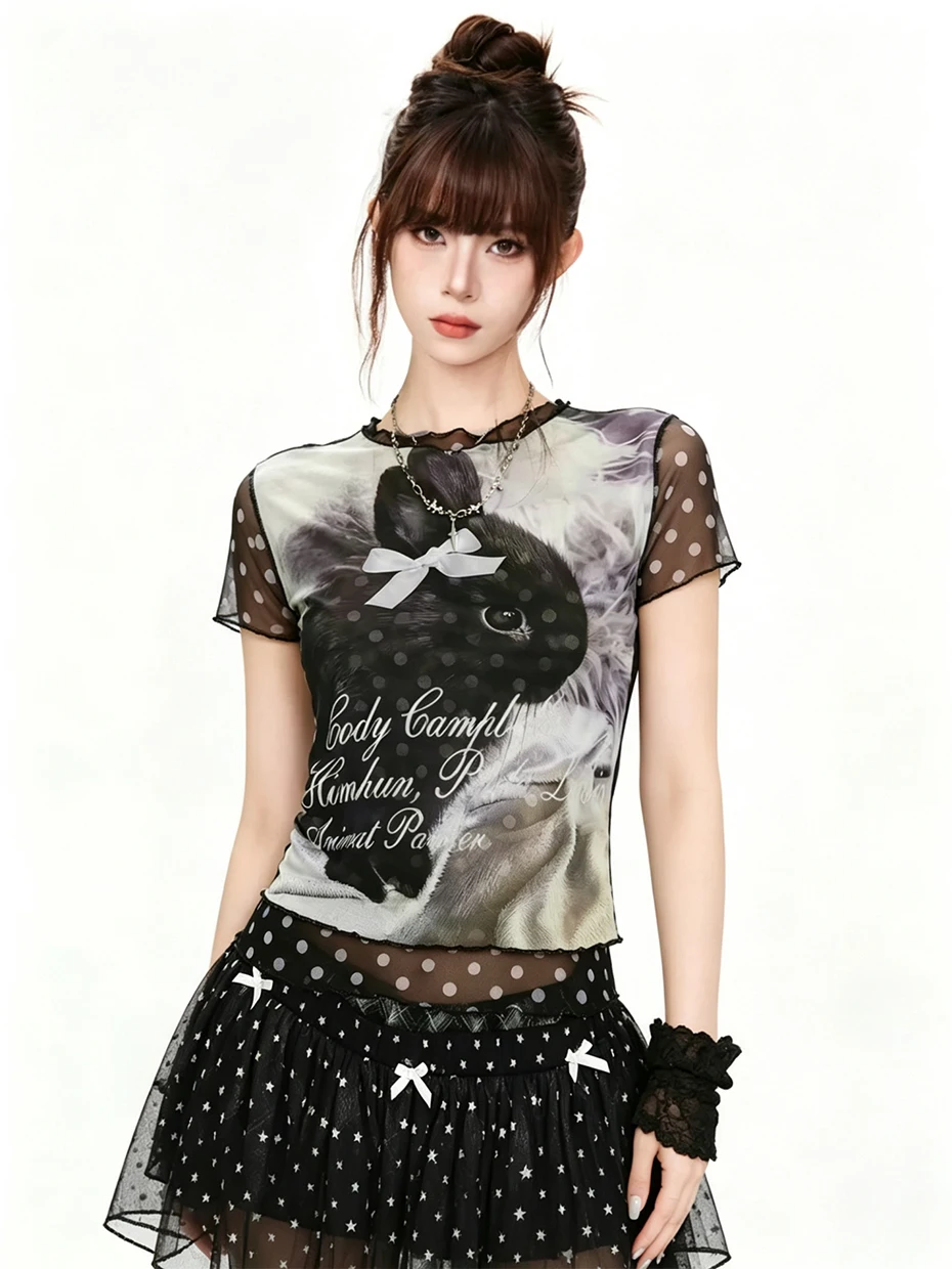 Retro American Polka Dot Mesh Letter Splicing Rabbit Short Sleeve T Shirt Women Summer Semi Transparent Sexy Top Fake Two-Piece