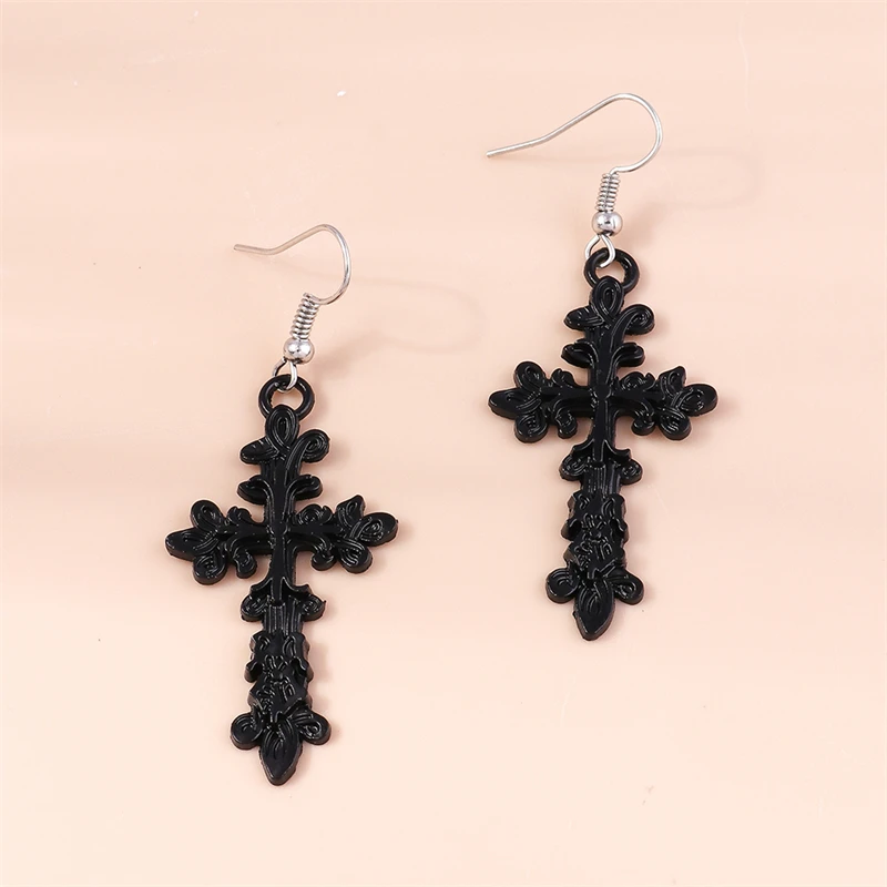 Women's Gothic Black Cross Drop Earrings, Dangle Hook Design