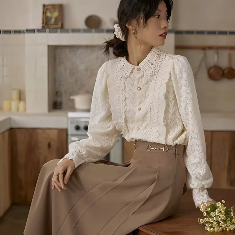 Vintage Elegant Lace Shirts Spring Autumn Women Sweet Long Sleeve Pearl Button Embroidery Blouses Office Lady Chic Ruffles Tops