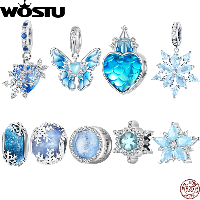 WOSTU 925 Sterling Silver Christmas Charms Snowflakes Pendant Frozen Castle Bead Fit Original Bracelet Women DIY Fine Jewelry