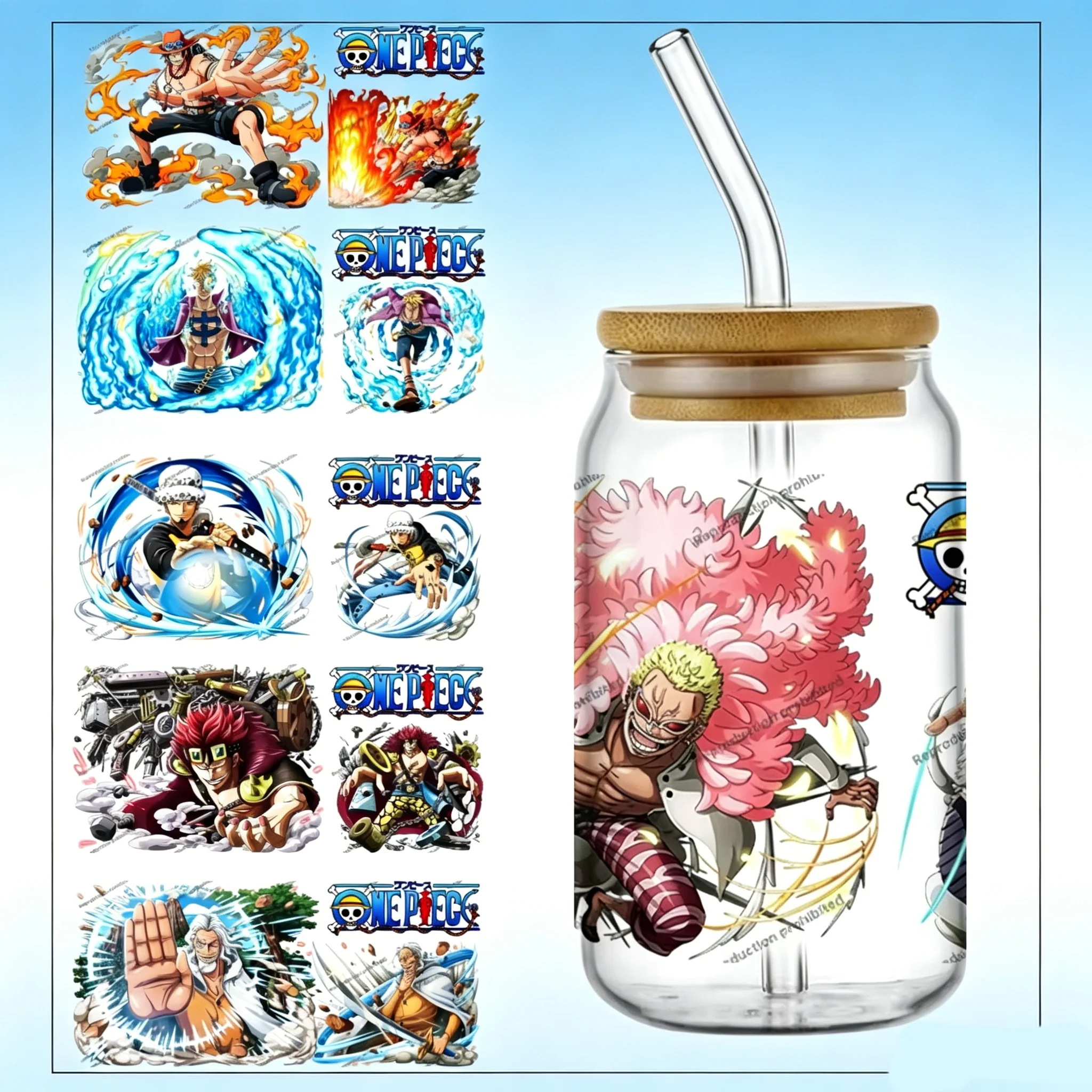 Japanische One Piece Anime-Serie, einfach abziehbare, wasserdichte DIY-Aufkleber, 3D-Transfers, UV-DTF-Sticker, 16oz UV-DTF-Becherfolien