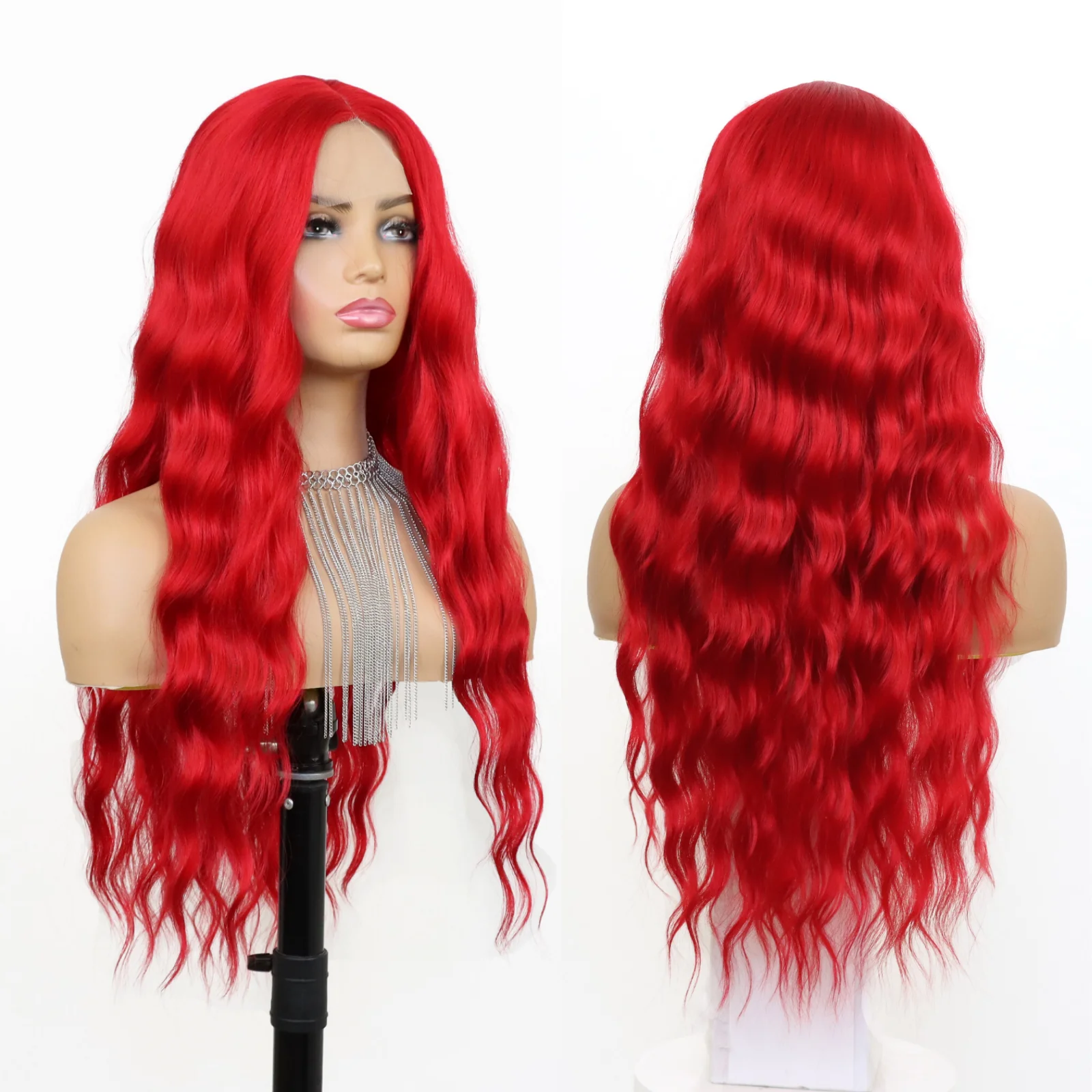 Natural Red Lace Wig Long Curly Wavy Red Wig Middle Part Natural Synthetic Costume Halloween Wigs for Women Girls