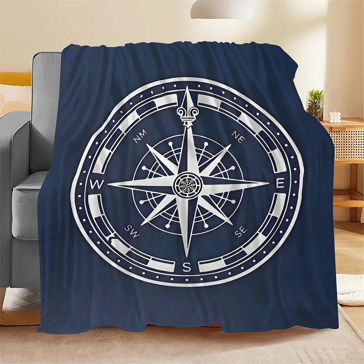 Nautical Compass Rose Throw Blanket Navy Blue Coastal Decor Gift for Sailor Lover Home Accent