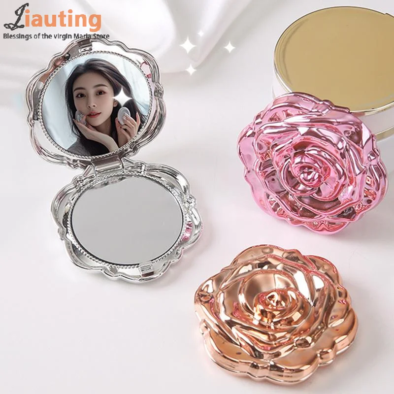 Portable Mini Mirror Retro Rose Flower Small Pocket Makeup Mirror Double Sided Hand Mirrors Compact Cosmetic Beauty Tool Gift