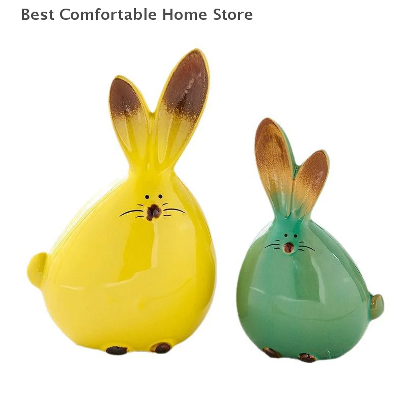 Long Eared Bunny Sculpture Ornaments Desktop Ceramic Easter Rabbit Bunny Figure Cute Home Decorations
