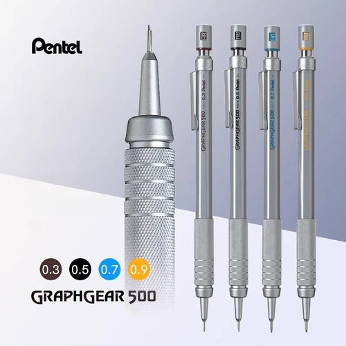 Pentel Graphgear 500, lápiz mecánico de dibujo, lápiz automático de ingeniería con borrador para bolígrafos profesionales 0,3 0,5 0,7 0,9mm, 1 ud.