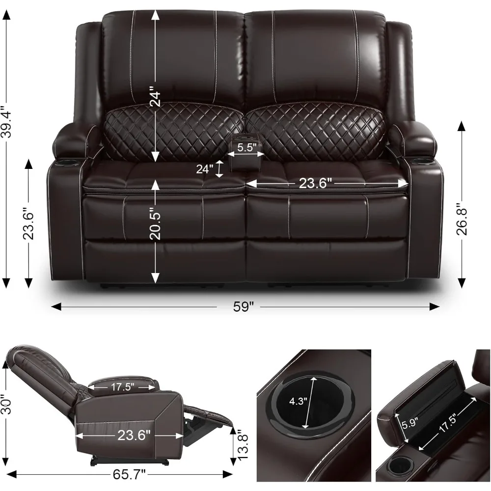 Loveseat Recliner Sofa, Manual Reclining Loveseat with Removable Armrest, Faux Leather Recliner Loveseat with 2-Tier Cushions