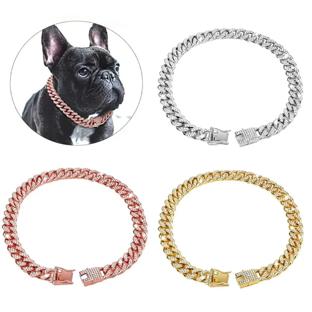 Dog Chain Collar Pet Dog Cuban Chain Collar Wide Sparkling Rhinestones Dog Necklace Small Medium Large Dogs Jewelry Accessories