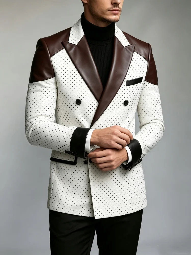 Men White Polka Dot Double Breasted Blazer Dark Brown Faux Leather Lapel Shoulder Spliced Slim Fit Wedding Party Groom Formal Tu