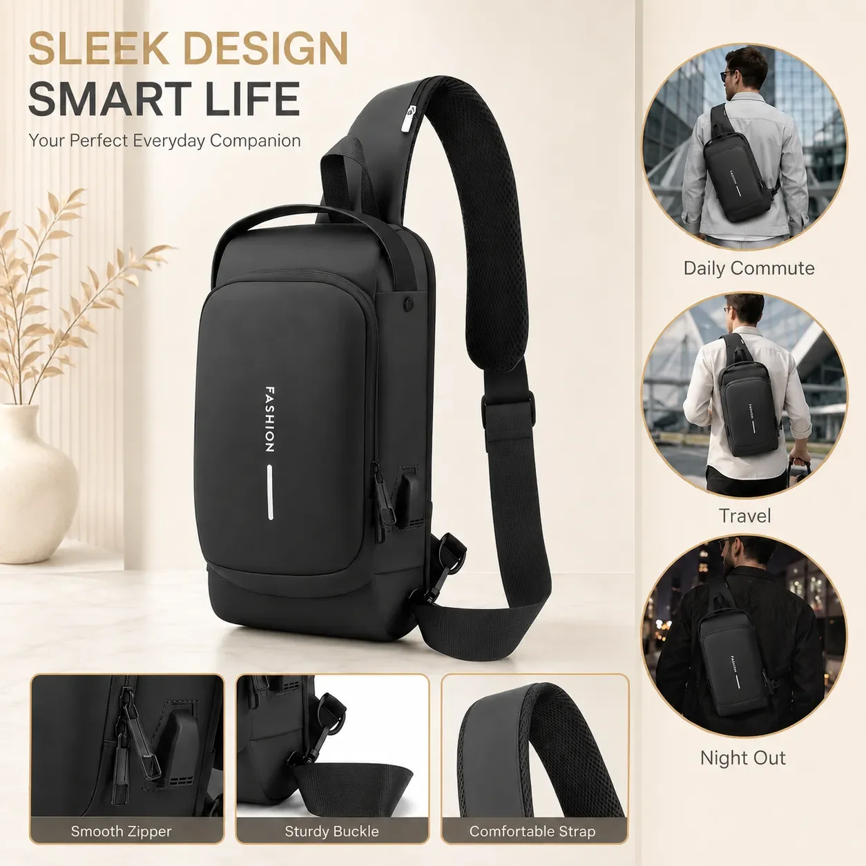 Motorcycle Backpack with Lock, Convertible Crossbody Bag, Zippered Compartment, Adjustable Shoulder Strap, Suitable for Commuting and Travel, Available in Various Sizes, Men's Safety Motorcycle Crossbody Bag
