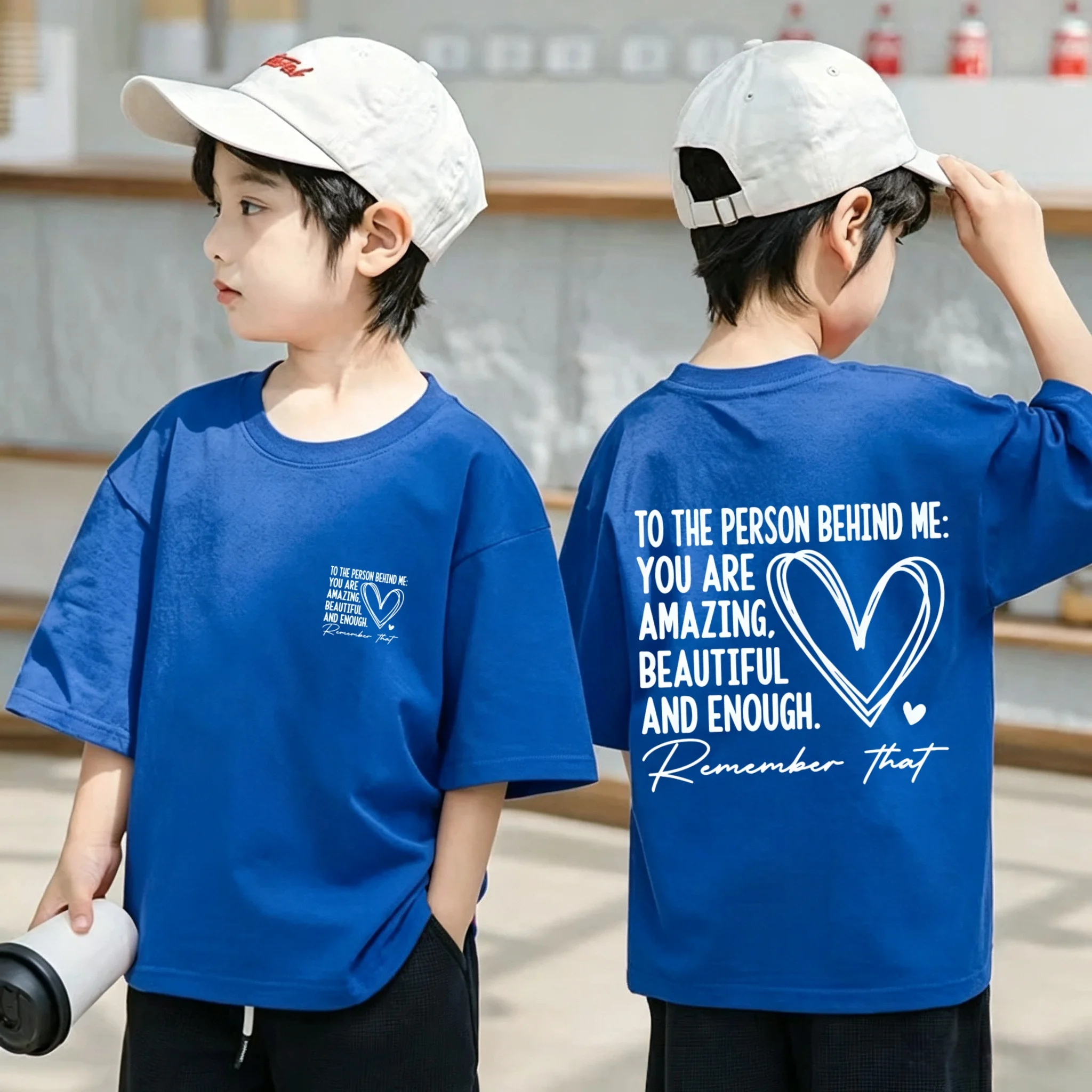 Children's crew-neck cotton T-shirt with heart-shaped letter print, suitable for daily wear as a children's pullover top