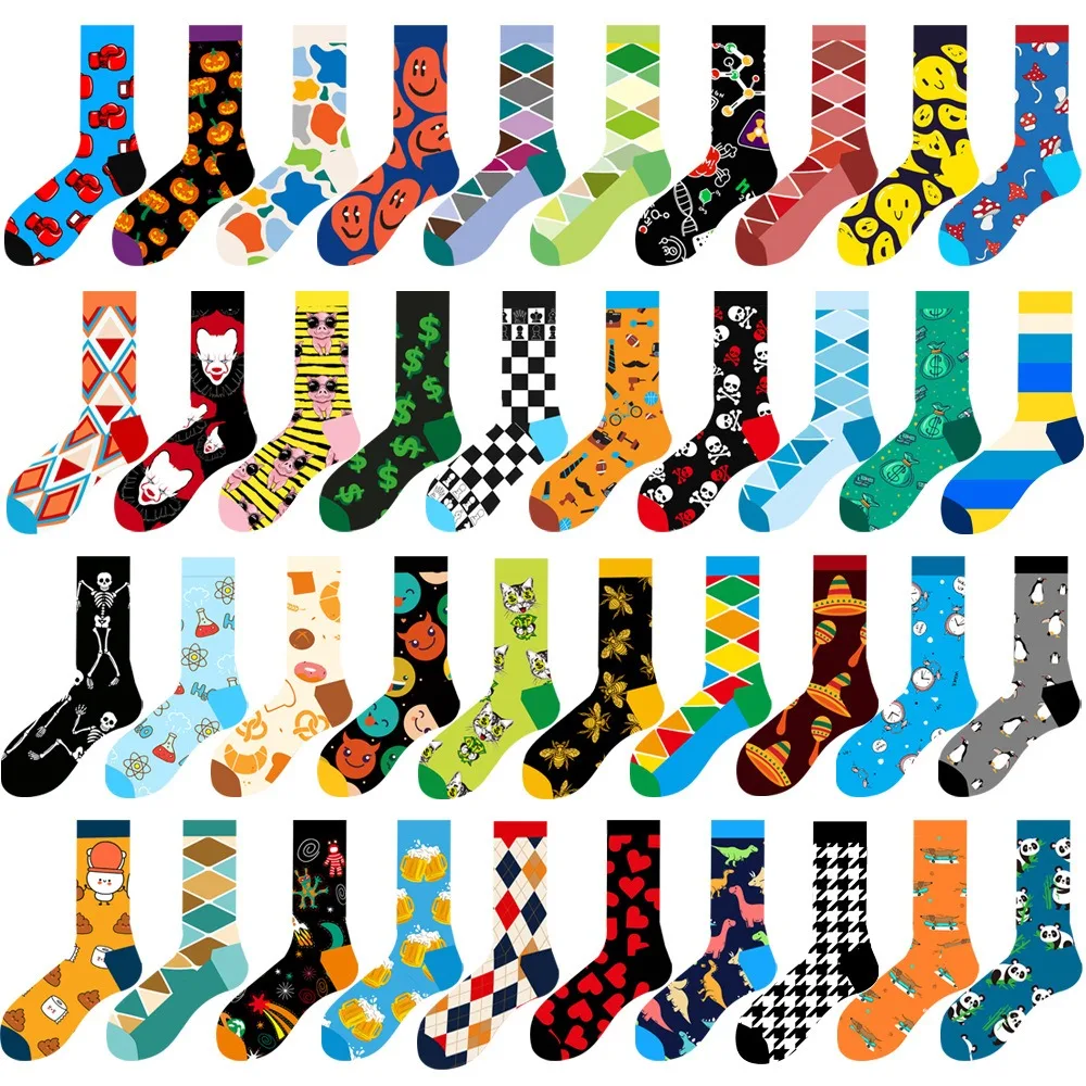 Men's Happy Socks, Colorful Striped Women's Socks, High Quality Checkered Diamond Geometric Harajuku Combed Cotton Crew Gift