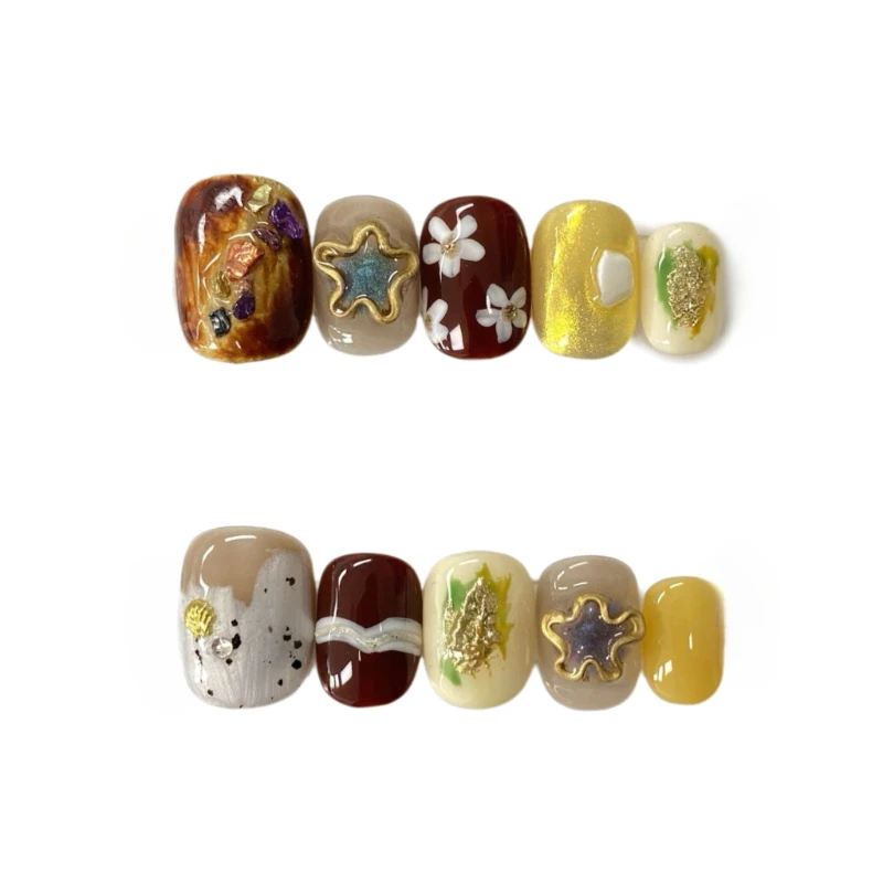 10 Pieces Fresh and Elegant Gentle Handmade Press On Nails Daisy Star False Nails Removable Reusable