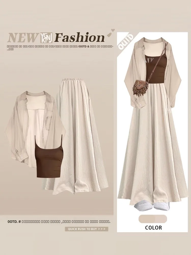 

Повседневный женский комплект из футболок, свободная широкая юбка, солнцезащитный крем irt, длинный воротник свека, высокая талия, осенняя мода