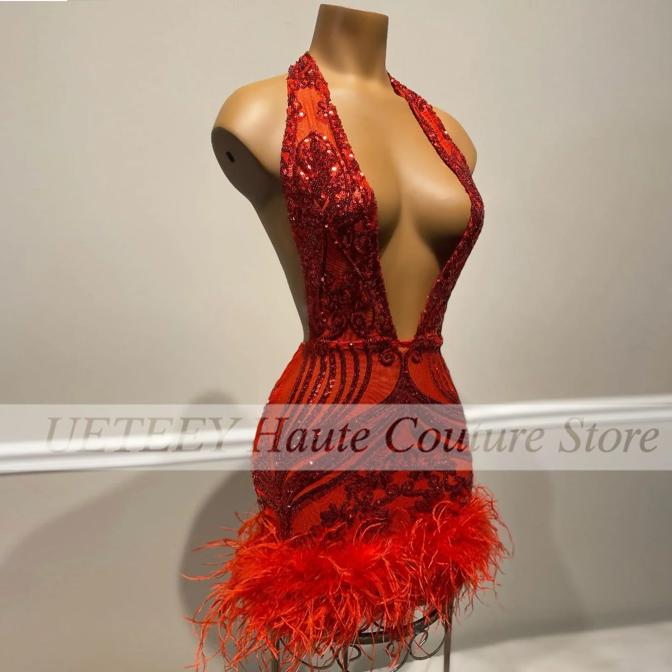 Sexy Deep V-Neck Red Cocktail Dresses Sequined Feathers Short Prom Dress Mini Gowns Birthday Party Gown Vestidos De Gala