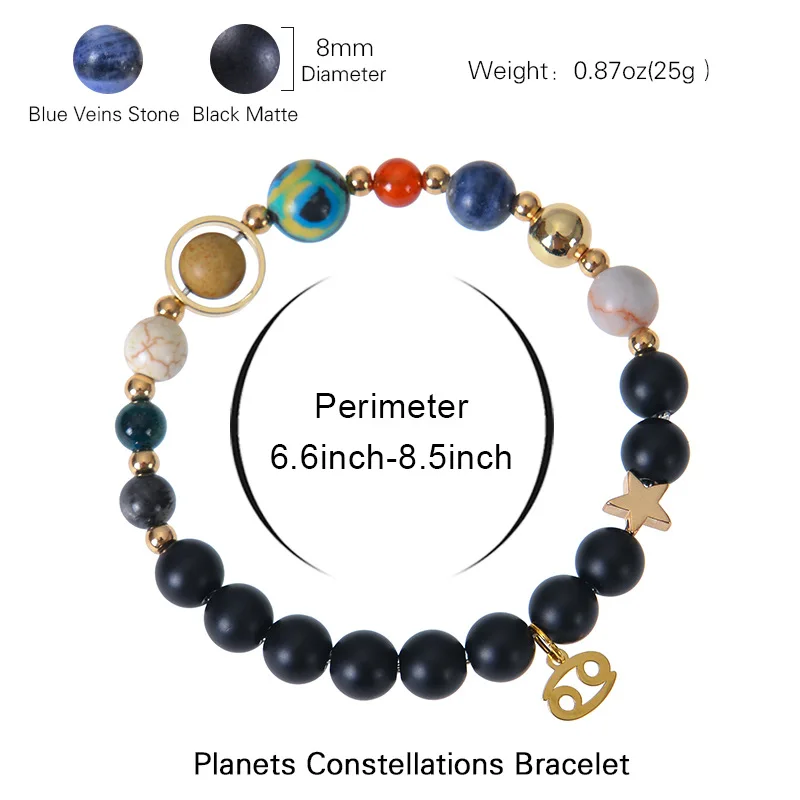 12 Zodiac Signs Constellation Bracelet Men Women Universe Galaxy Eight Planets Solar System Natural Stone Bracelet Beaded