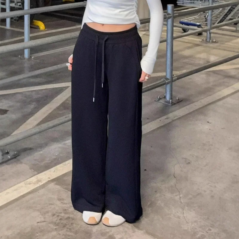 Women Drawstring Wide Leg Sweatpants High Waist Straight Fit Soft Draped Yoga Fitness Trousers Minimal Athletic Lounge Pants