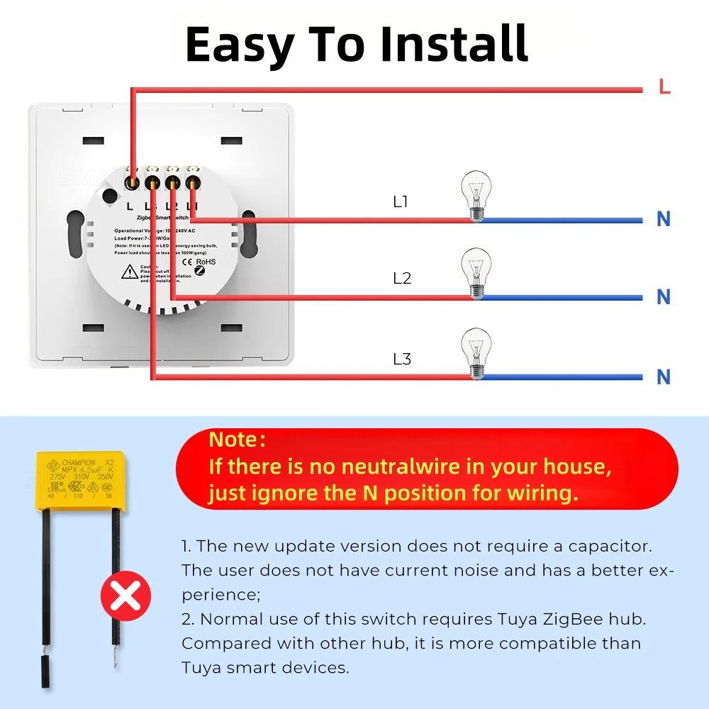 Tuya EU Zigbee Smart Switch No Neutral Wire Wall Light Switch Push Button Smart Life APP Voice Works with Alexa Google Home