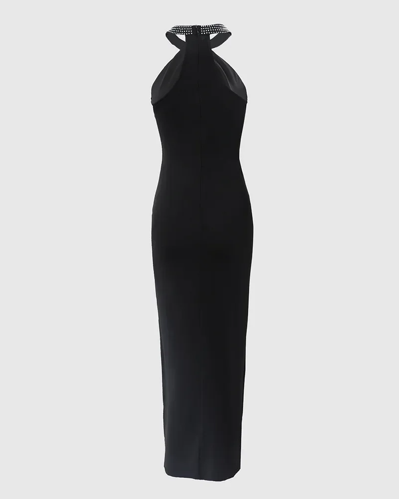 Women Sexy Vintage Vestidos Solid Color Sleeveless Strap Beads Halter Evening Dress Split Summer Maxi Elegant Party Dresses 2025