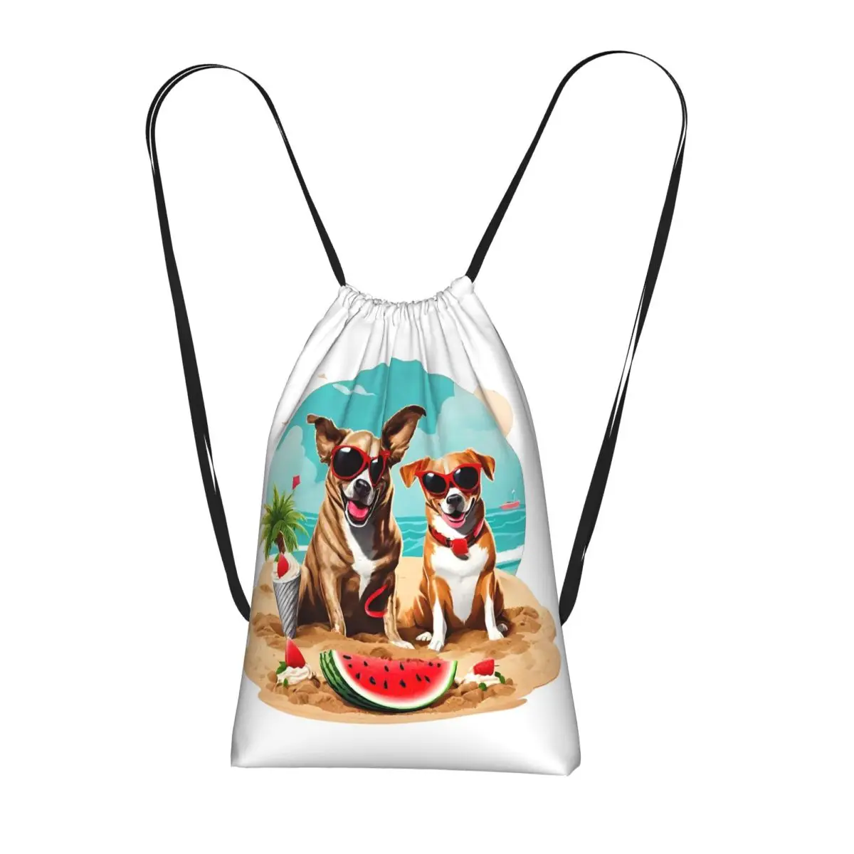

Two Puppy Dog On The Beach Backpacks Casual Drawstring Bundle Pocket Sports Bag Book Bags for Travel Students