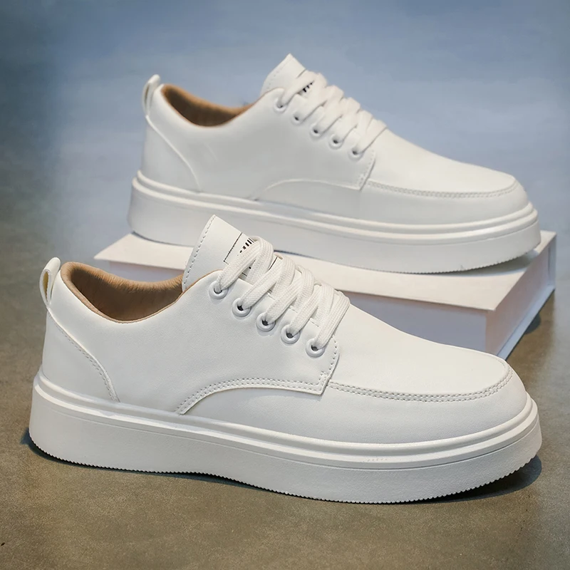 Men's Classic Leather Platform Sneakers - Casual Lace-Up Low-Top Shoes, Comfortable Thick Sole Walking Shoes for Men