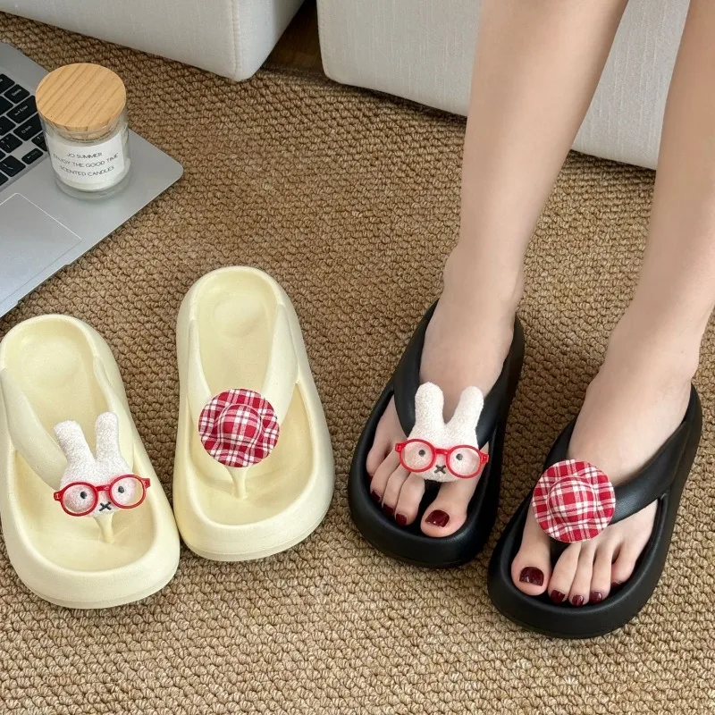 

Kawaii Miffy Rabbit Cartoon Cute Thick Bottom Flip Flops forExternal Wear Anti Slip Clip on Feet Beach Height Increasing Sandals