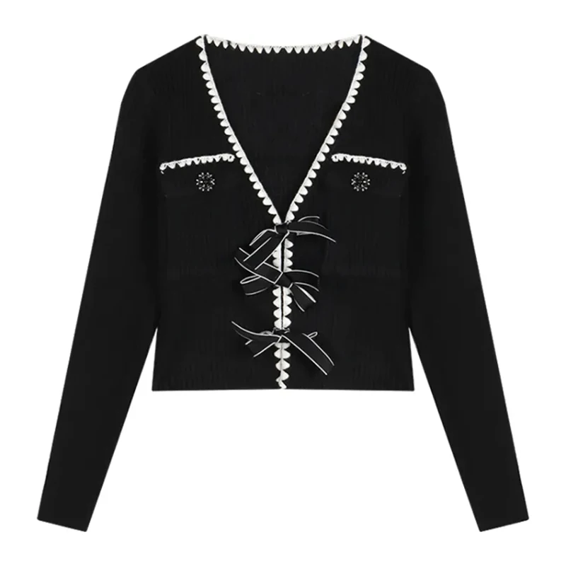 MEXZT Vintage Knitted Cardigan Women Bow V Neck Cropped Sweaters Korean Elegant Slim Knitwear Y2K Black Casual Jumpers Coats New