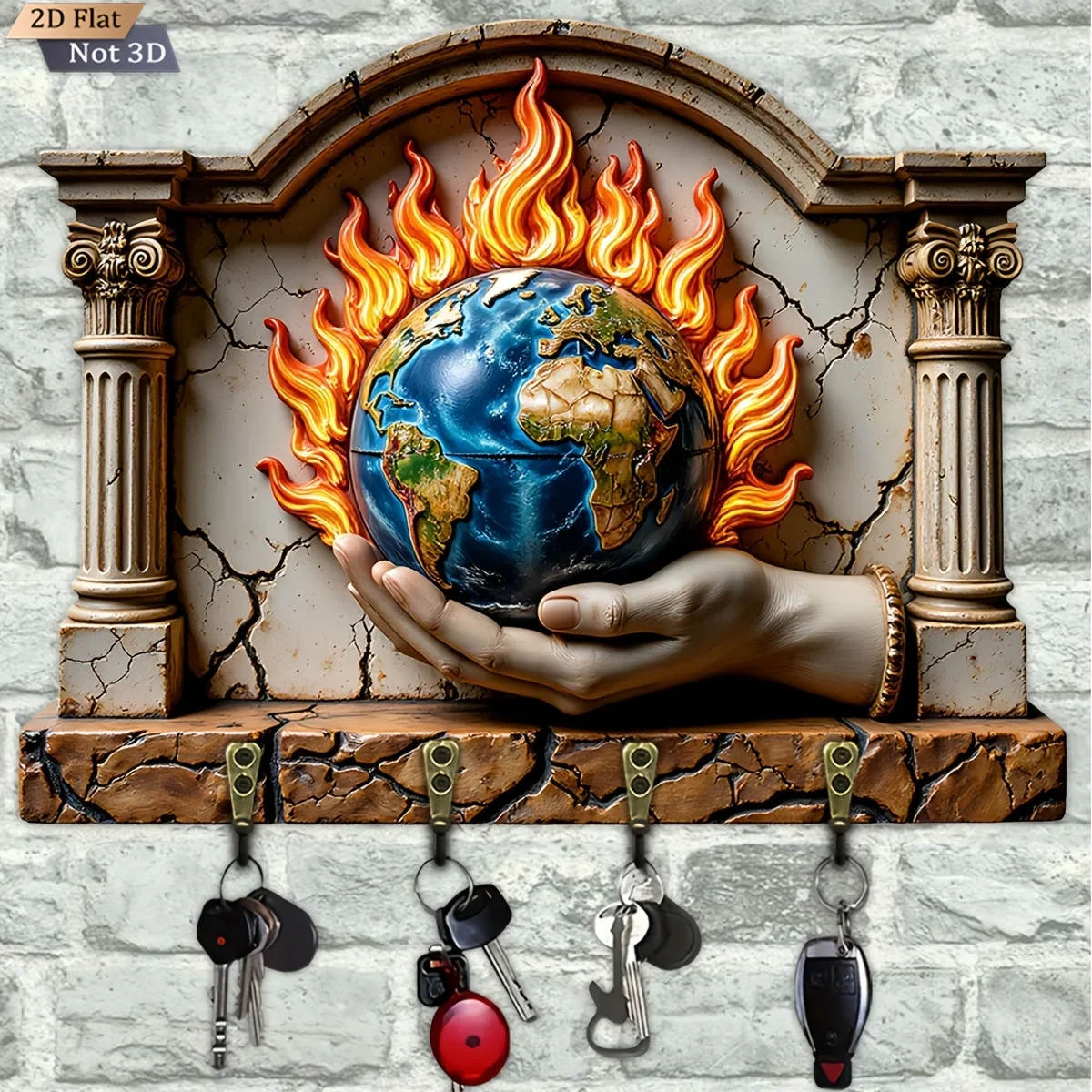 2D Flat, 1pc, Flame Earth Key Hook Wooden Multifunctional Home Key Rack, with Four Metal Hooks, Wall Decor, Porch Decor, Room