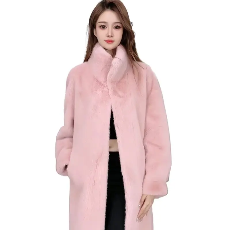 Women\'s Faux Mink Fur Coats, Covered Button Jacket, Female Loose Thick Warm Clothes,England Style,O-Neck, New, Winter, 2024