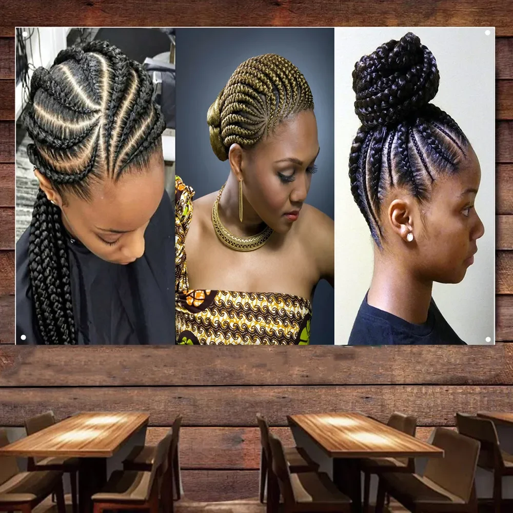 

African American Ladies Braid Hairstyles Retro Barber Shop Signboard Wall Decor Banner Flag Beauty Salon Haircut Poster Tapestry