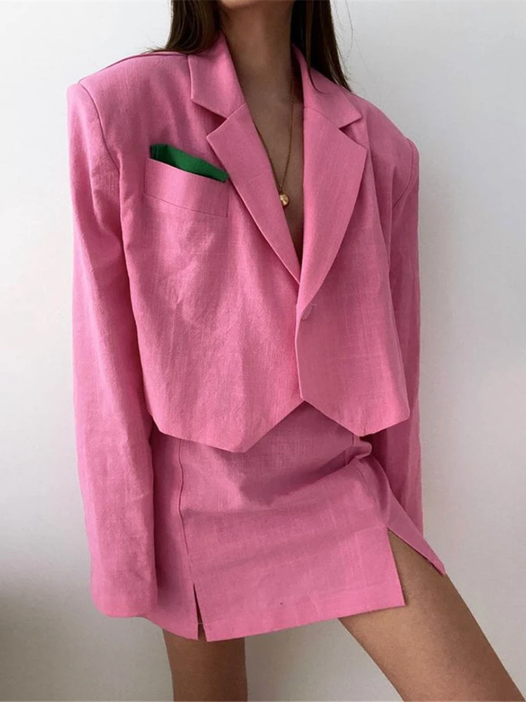 Conjunto de duas peças de lapela coreano rosa feminino, terno elegante, casaco e saia, roupas elegantes, novidade para primavera e verão