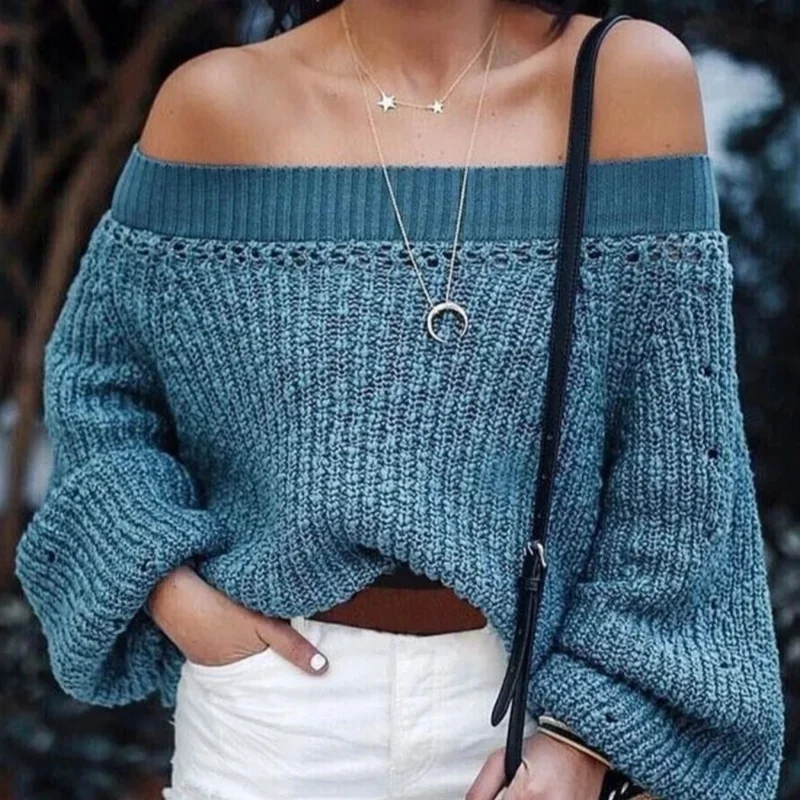 

European and American fashion women's clothing sexy off-shoulder one-shoulder blue moon lantern sleeve knitted top