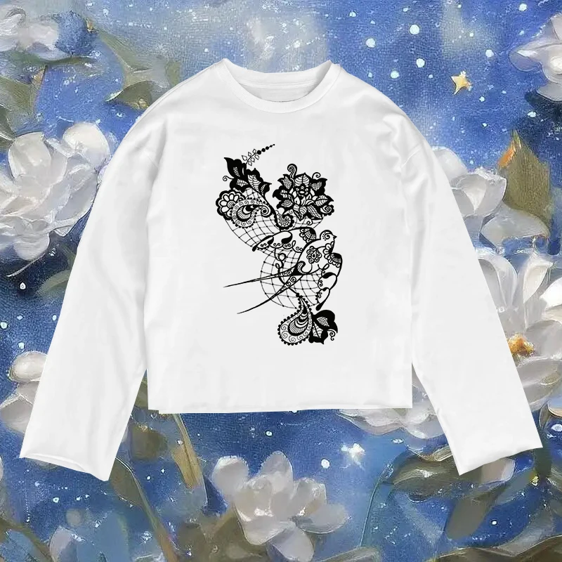 

Y2K креативная футболка с принтом ласточки, винтажная универсальная классическая повседневная тонкая укороченная футболка 2000-х годов, эстетичная готическая футболка в стиле Харадзюку