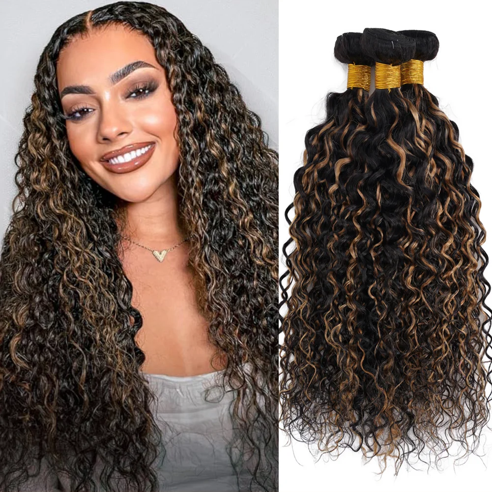 100% Human Hair Water Wave 3 Bundles F1B 27 Ombre Blond Malaysia Hair Wet and Wavy Bundles Ombre Curly Virgin Hair Extensions