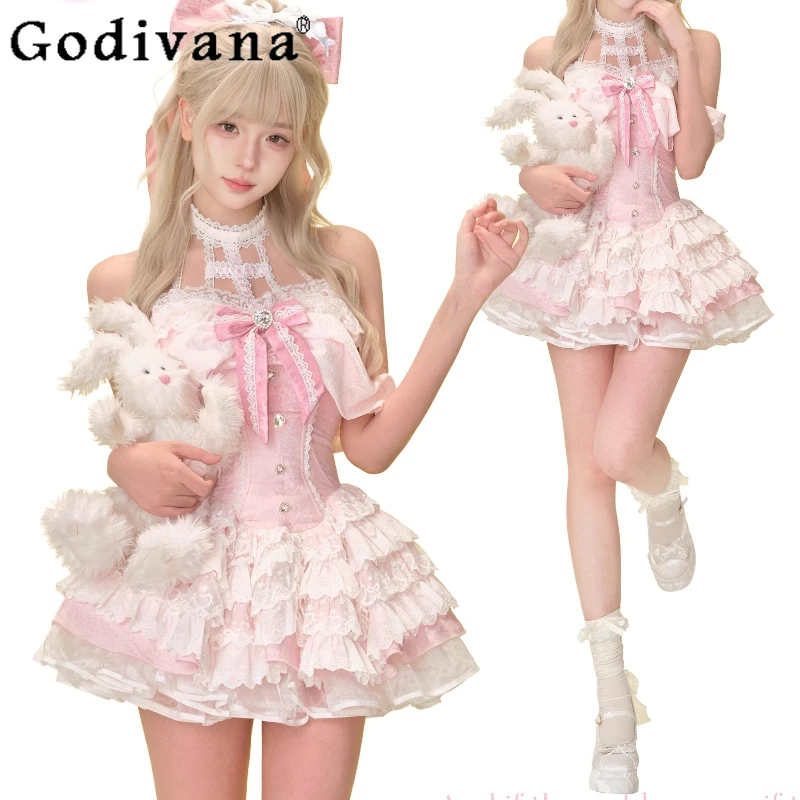 فستان الجاكار الوردي مع القوس المرأة لوليتا نمط الحلو فستان لطيف الإناث القوس طوق فستان قصير الفتيات مجموعة صخب الأبيض