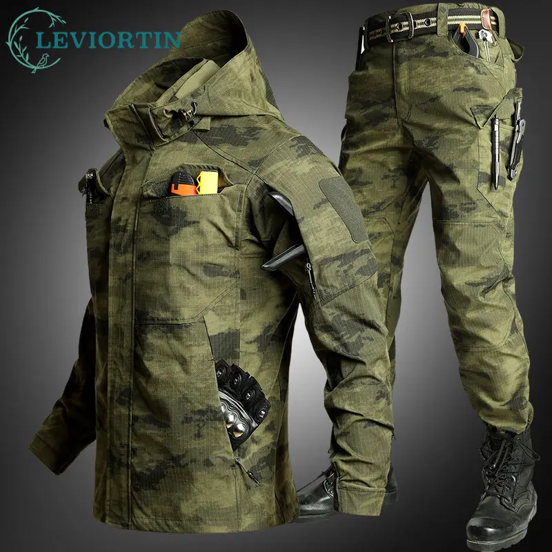Men's Tactical Set Spring Fall Ripstop Windbreaker Jacket Multi-Pocket Cargo Pants Outdoor Hiking Durable Combat Workwear Suits
