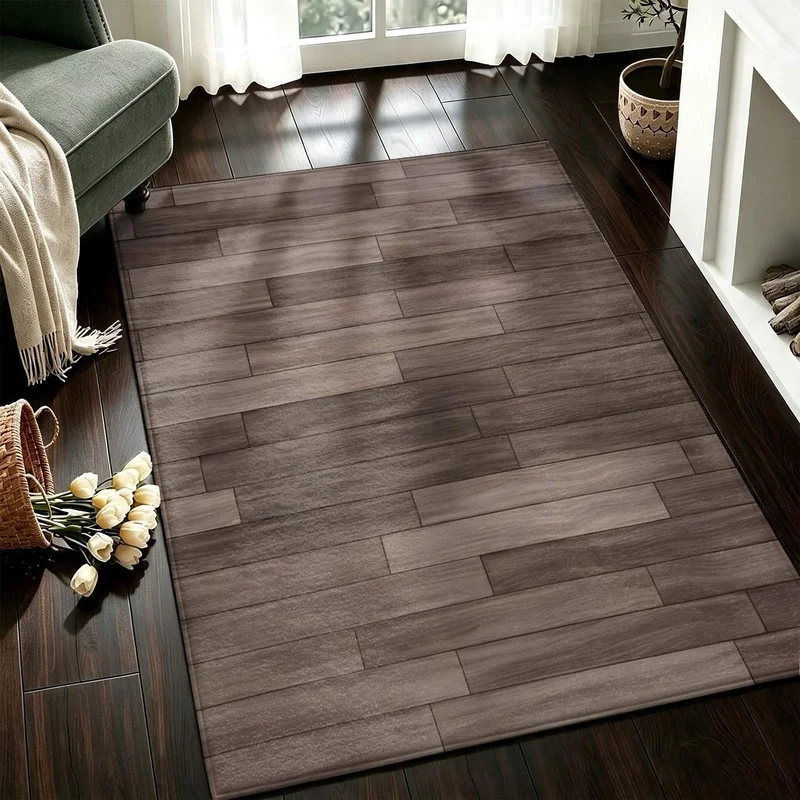 Large Indoor Area Rug, Soft Velvet Low Pile Machine Washable Rug with Wood Plank Pattern in Warm Brown Gray, Great for Living Room, Bedroom, Dining Room, Modern Home Decor