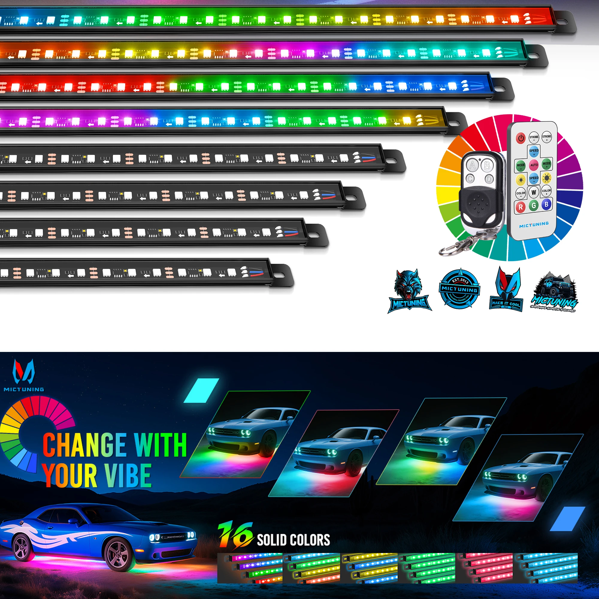 

8Pcs U8 RGB+IC Underglow LED Light Bar, Dual Remote Control Underglow LED Light Kits, Chasing Color Underbody Light Strip