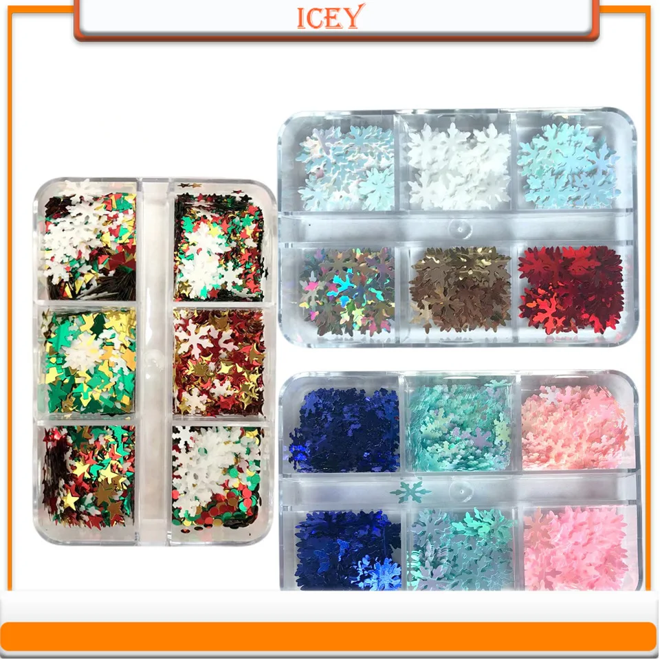 Icey Beauty Boxed Christmas Snowflakes Winter Nail Art Sequins Christmas Tree Autumn and Winter White Snowflakes PET Patches