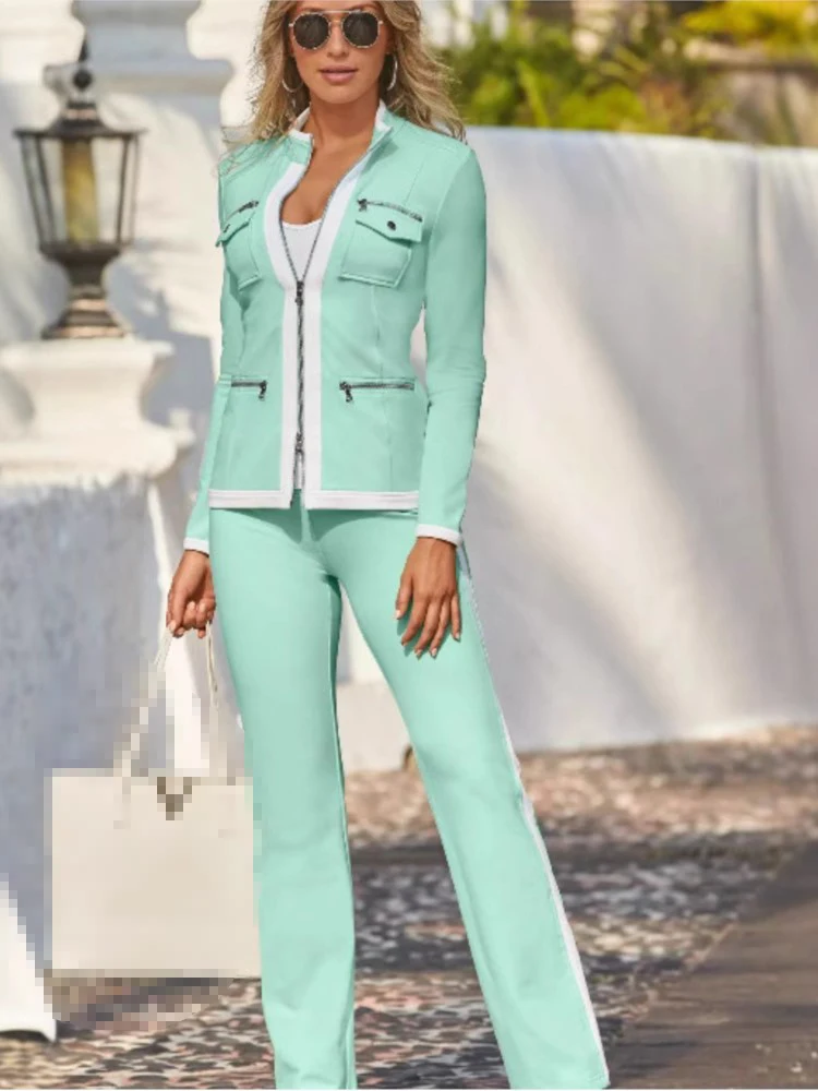 Autumn And Winter New Fashion Solid Color Casual Two Piece Sets Elegant Women Slim Simple Zipper Top Straight Sweatpants Suit